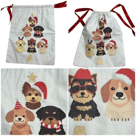 Woven Drawstring Holiday Puppy Dogs Christmas‎ Gift Bag 12" x 14" - Picture 1 of 9